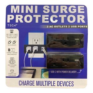 Tech2 Mini Surge Protector 2 A/C Outlets and 2 USB Ports, 2pk